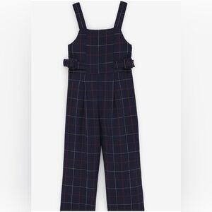 Zara Navy Plaid Buckle Jumpsuit Romper Jumper Adjustable Arm Zipper Classic Poly